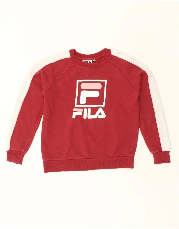 FILA Womens Graphic Sweatshirt Jumper UK 2 2XS Red Cotton Hoodie with Logo Branding Identity