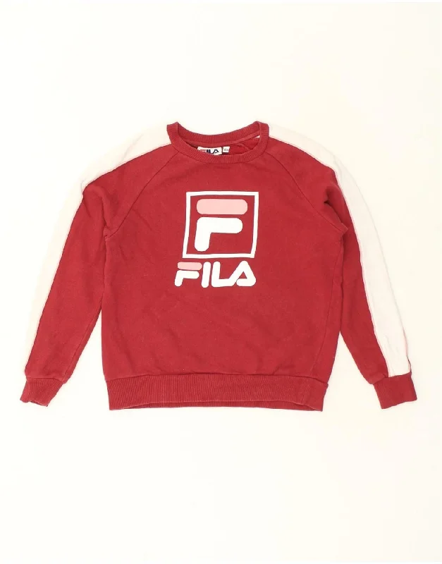 FILA Womens Graphic Sweatshirt Jumper US 4 Small Red Colourblock Cotton Hoodie with Strings Custom Fit Adjustable