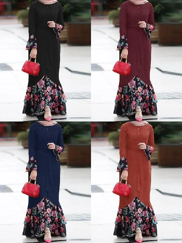 Floral Print Patchwork Mermaid Hem Long Sleeve Lace-up Women Maxi Dress Trendy Printed Maxi Dress Floral Print Patchwork Mermaid Hem Long Sleeve Lace-up Women Maxi Dress Trendy Printed Maxi Dress