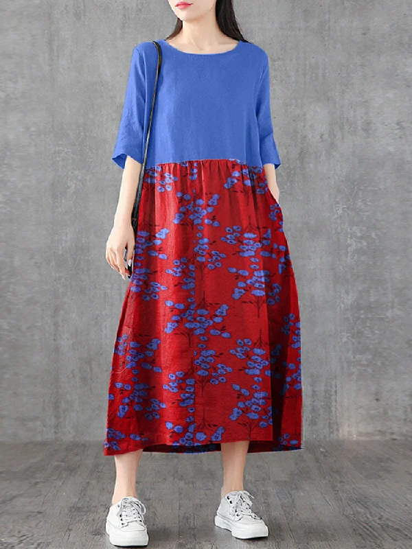 Japan Flower Style Print Patchwork Loose Casual Pocket Women Maxi Dress Chic Button-Up Maxi Dress Japan Flower Style Print Patchwork Loose Casual Pocket Women Maxi Dress Chic Button-Up Maxi Dress