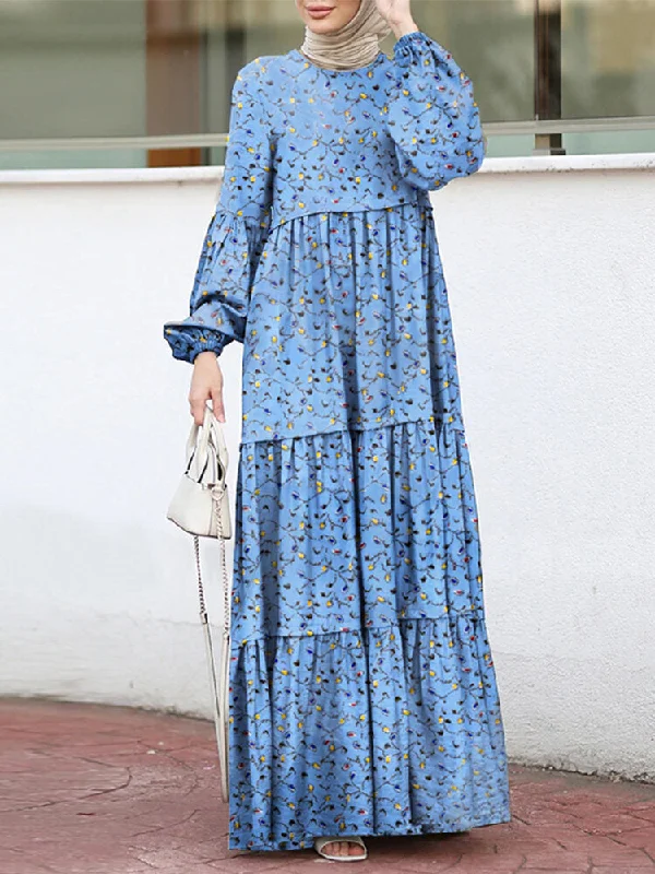 Floral Print Tiered Round Neck Button Back Casual Puff Sleeve Women Maxi Dress Comfortable Ruffle Hem Maxi Dress Floral Print Tiered Round Neck Button Back Casual Puff Sleeve Women Maxi Dress Comfortable Ruffle Hem Maxi Dress