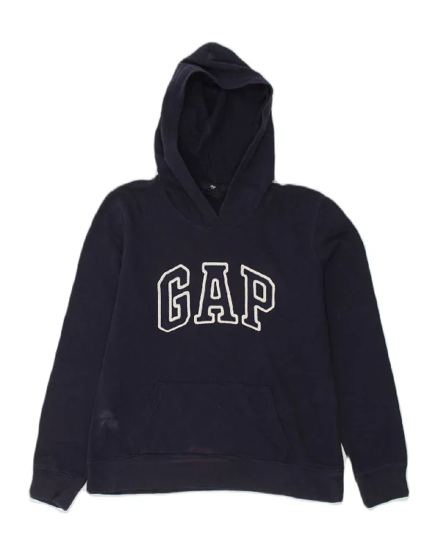 GAP Womens Loose Fit Graphic Hoodie Jumper UK 10 Small Navy Blue Cotton Hoodie with Lace Feminine Delicate