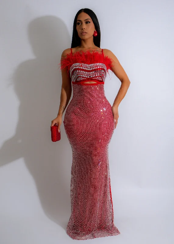 Glamour Mirage Rhinestones Maxi dress Red Stylish V-Neck Maxi Dress