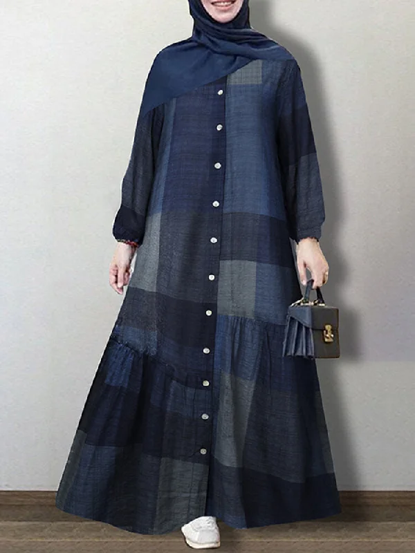 Grid Printed Button Down Front Elastic Cuff Bohemian O-neck Maxi Shirt Women Maxi Dress Chic Summer Maxi Dress Grid Printed Button Down Front Elastic Cuff Bohemian O-neck Maxi Shirt Women Maxi Dress Chic Summer Maxi Dress