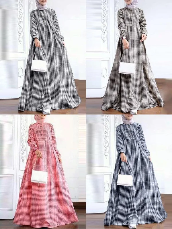 Grid Printed Casual Elastic Cuffs Big Swing Long Sleeve Muslim Abaya Kaftan Women Maxi Dress Elegant Maxi Dress with Drapes Grid Printed Casual Elastic Cuffs Big Swing Long Sleeve Muslim Abaya Kaftan Women Maxi Dress Elegant Maxi Dress with Drapes