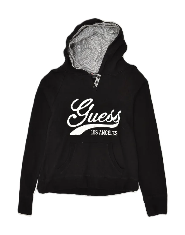 GUESS Womens Graphic Hoodie Jumper UK 12 Medium Black Cotton Hoodie with Zipper Placket Modern Functional