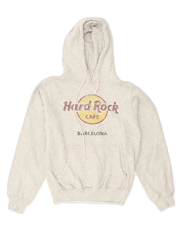 HARD ROCK CAFE Womens Barcelona Graphic Hoodie Jumper UK 10 Small Grey Hoodie with Puffed Sleeves Voluminous Trendy