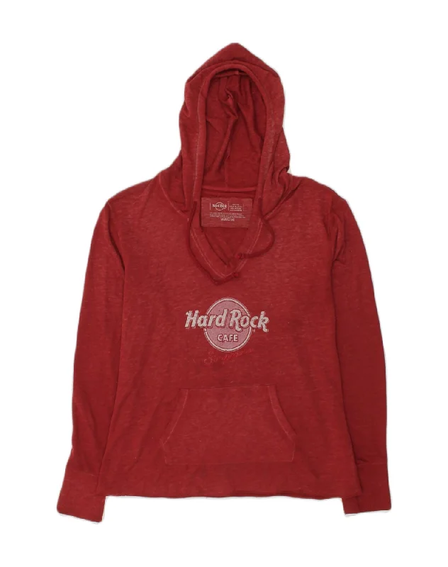 HARD ROCK CAFE Womens Singapore Hoodie Jumper UK 12 Medium Burgundy Cotton Hoodie with Typography Text Message