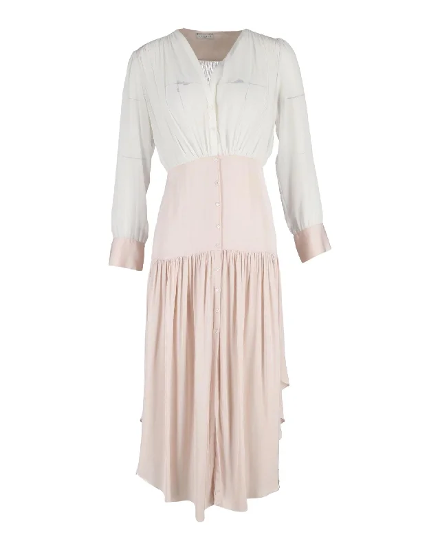 Asymmetric Silk Maxi Dress with Gathered Details and Mother-of-Pearl Buttons Comfortable Long-Sleeve Maxi Dress Asymmetric Silk Maxi Dress with Gathered Details and Mother-of-Pearl Buttons Comfortable Long-Sleeve Maxi Dress
