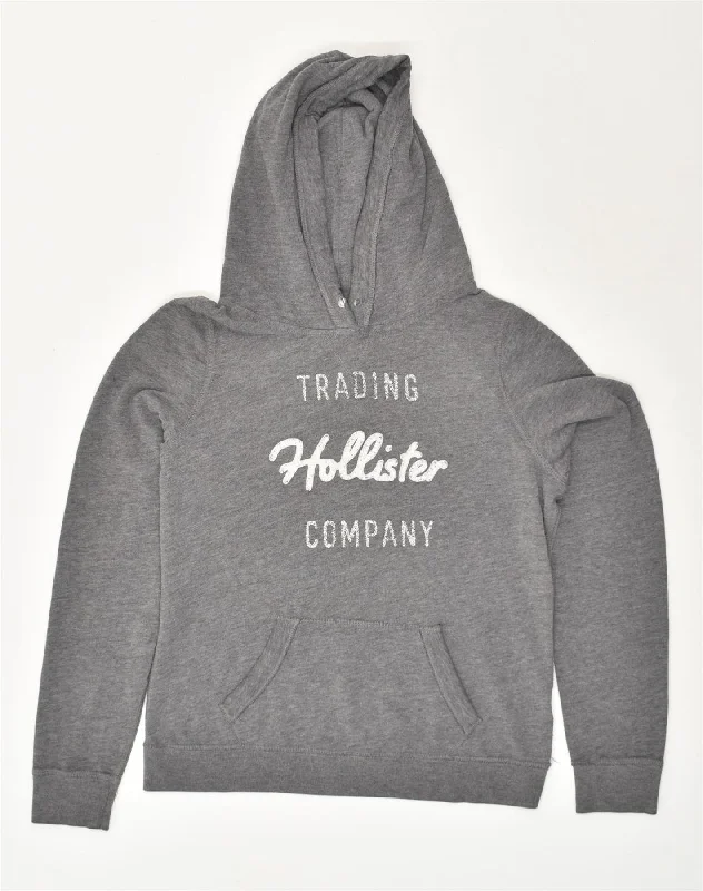 HOLLISTER Womens California Graphic Hoodie Jumper UK 16 Large Grey Cotton Hoodie with Distressed Vintage Worn