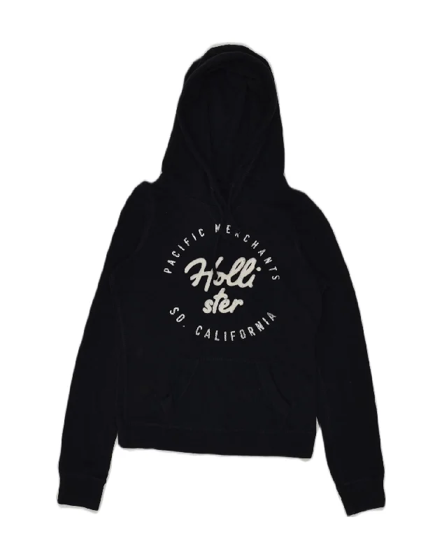 HOLLISTER Womens Graphic Hoodie Jumper UK 6 XS Black Cotton Hoodie with Contrast Stitching Detailed Premium