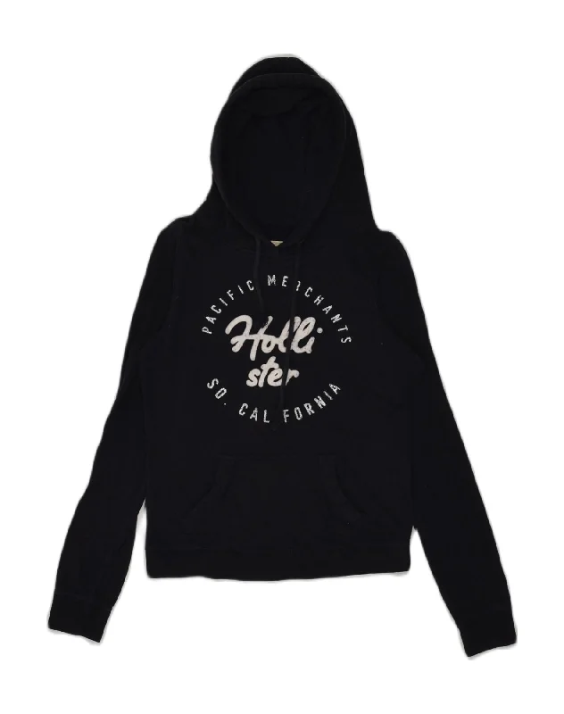 HOLLISTER Womens Graphic Hoodie Jumper UK 8 Small Black Cotton Hoodie with Reflective Safety Nightwear