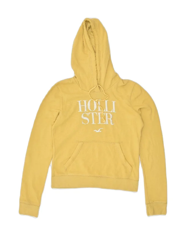 HOLLISTER Womens Loose Fit Graphic Hoodie Jumper UK 6 XS Yellow Cotton Hoodie with Cuffed Sleeves Snug Secure