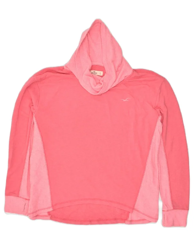 HOLLISTER Womens Roll Neck Hoodie Jumper UK 16 Large Pink Colourblock Hoodie with Turtle Neck Cozy Winter