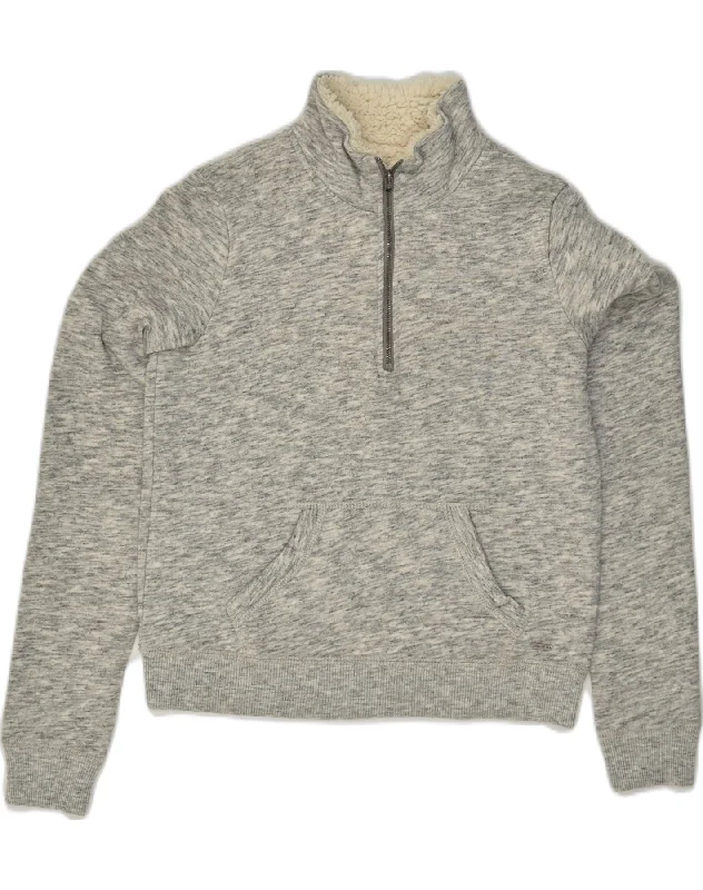 HOLLISTER Womens Sherpa Zip Neck Sweatshirt Jumper UK 6 XS  Grey Flecked Hoodie with Cuffed Sleeves Snug Secure