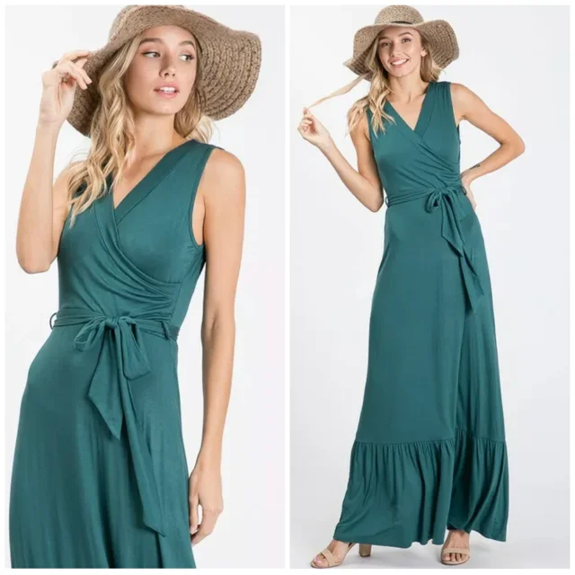 Hunter Green Faux Wrap Sleeveless Belted Casual Maxi Dress Womens Trendy Floral Print Maxi Dress Hunter Green Faux Wrap Sleeveless Belted Casual Maxi Dress Womens Trendy Floral Print Maxi Dress