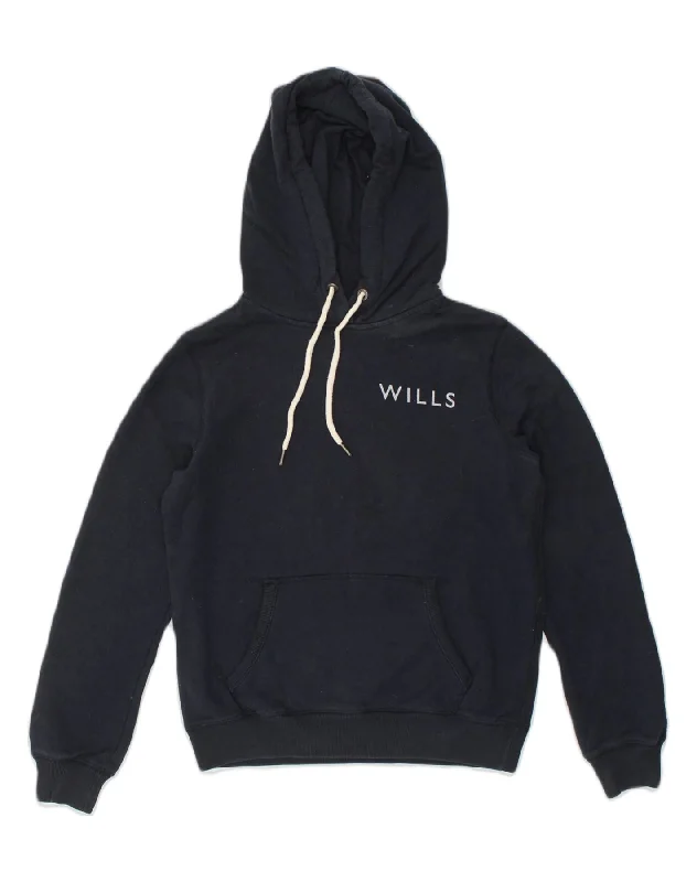 JACK WILLS Womens Classic Fit Graphic Hoodie Jumper UK 10 Small Navy Blue Hoodie with Camouflage Military Edgy