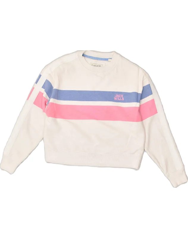 JACK WILLS Womens Crop Sweatshirt Jumper UK 10 Small White Striped Cotton Hoodie with Logo Branding Identity