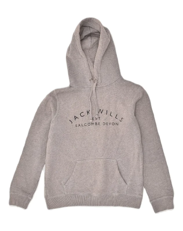 JACK WILLS Womens Graphic Hoodie Jumper UK 10 Small Grey Cotton Hoodie with Emblem Brand Identity