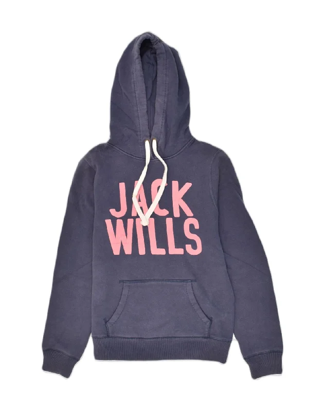 JACK WILLS Womens Graphic Hoodie Jumper UK 10 Small Navy Blue Cotton Hoodie with Drop Shoulder Relaxed Streetwear