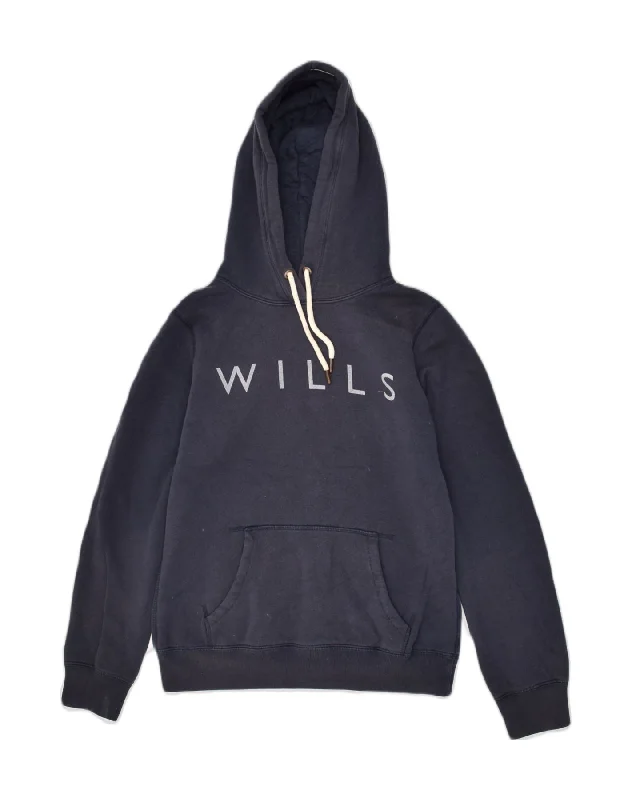 JACK WILLS Womens Graphic Hoodie Jumper UK 10 Small  Navy Blue Cotton Hoodie with Ribbed Hem Stretchable Secure