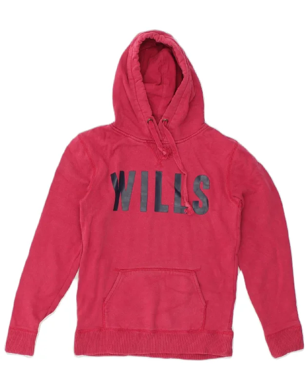 JACK WILLS Womens Graphic Hoodie Jumper UK 10 Small  Pink Cotton Hoodie with Velcro Closure Adjustable Secure