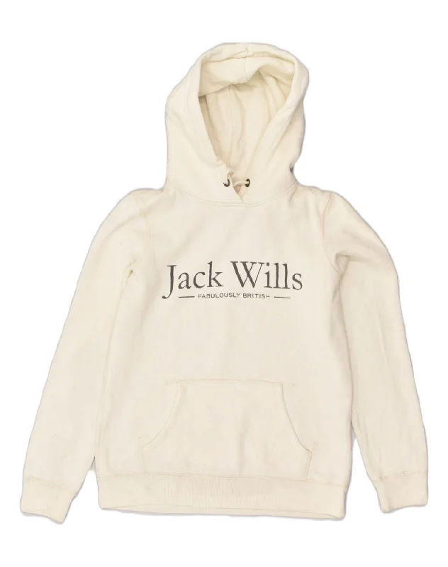 JACK WILLS Womens Graphic Hoodie Jumper UK 10 Small White Cotton Hoodie Jacket Zipper Layering