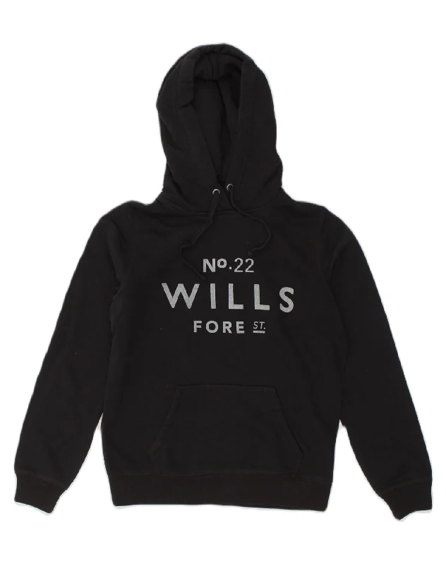 JACK WILLS Womens Graphic Hoodie Jumper UK 12 Medium  Black Cotton Hoodie with Typography Text Message