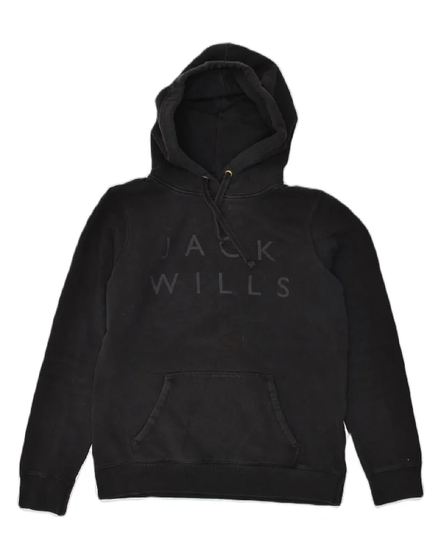 JACK WILLS Womens Graphic Hoodie Jumper UK 12 Medium  Black Cotton Hoodie with Full-Zip Functional Layering