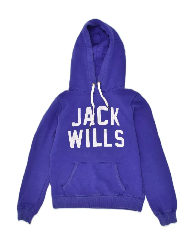 JACK WILLS Womens Graphic Hoodie Jumper UK 12 Medium  Blue Cotton Hoodie with Embroidery Detailed Premium