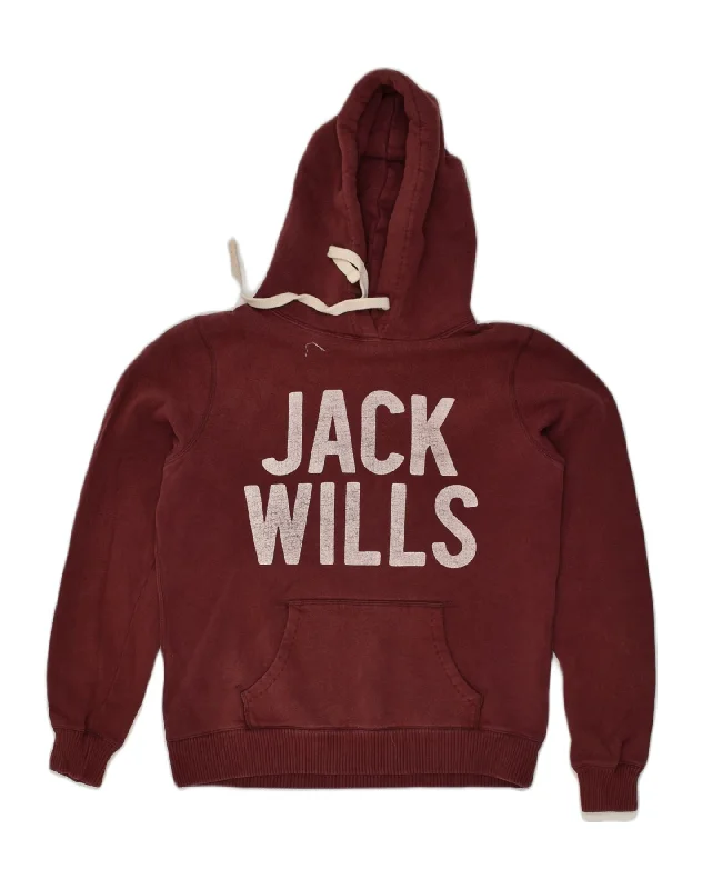 JACK WILLS Womens Graphic Hoodie Jumper UK 12 Medium Burgundy Cotton Hoodie Sweatshirt Pullover