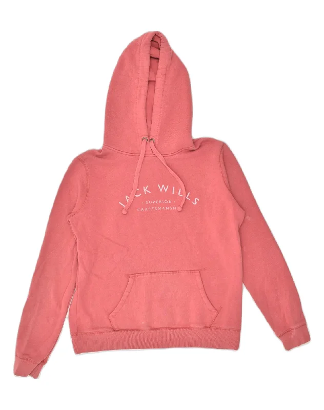 JACK WILLS Womens Graphic Hoodie Jumper UK 12 Medium Pink Cotton Hoodie with Raglan Sleeves Sporty Comfortable