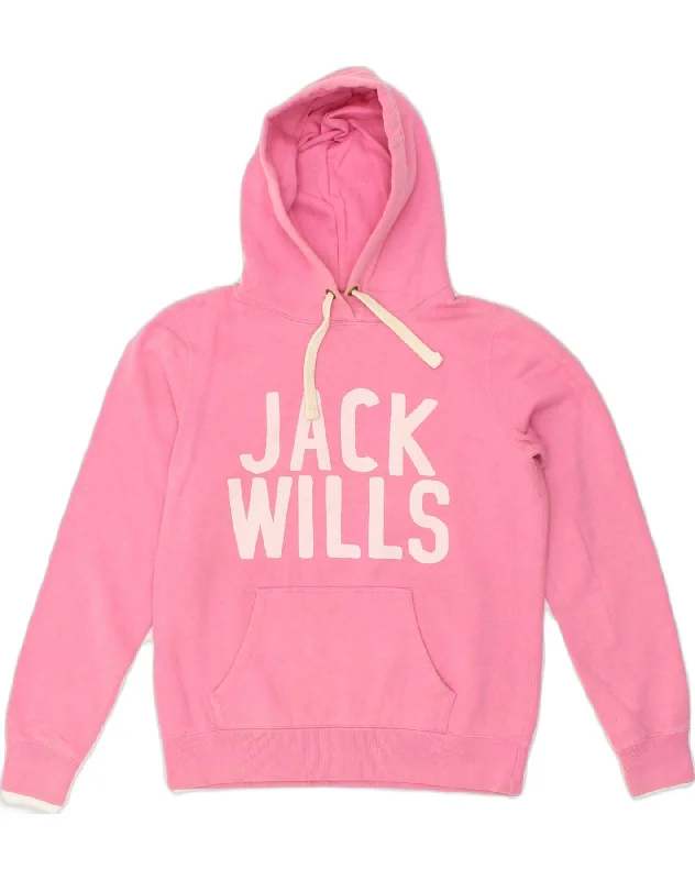 JACK WILLS Womens Graphic Hoodie Jumper UK 12 Medium  Pink Cotton Hoodie with Hem Elastic Stretchable Comfortable