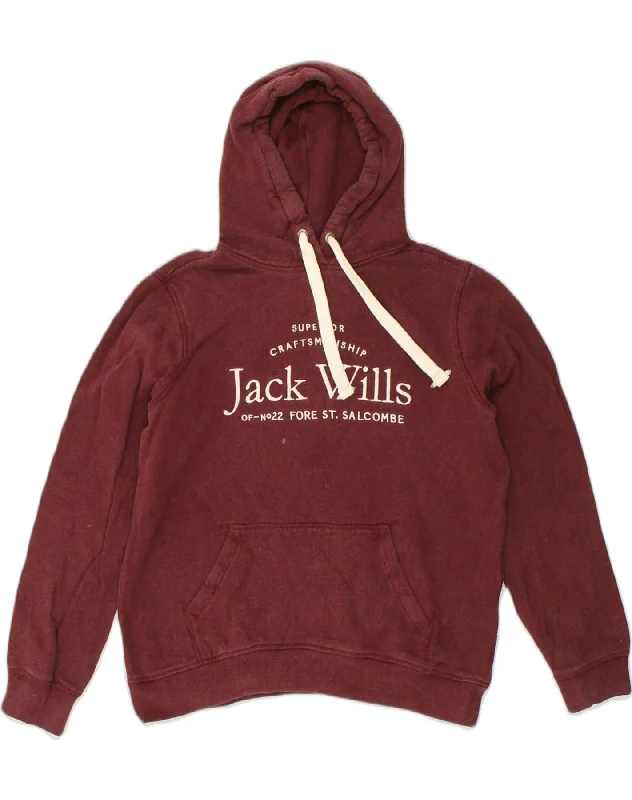 JACK WILLS Womens Graphic Hoodie Jumper UK 14 Large  Burgundy Cotton Hoodie with Tied Waist Feminine Flattering