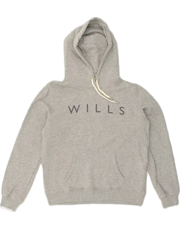 JACK WILLS Womens Graphic Hoodie Jumper UK 14 Large  Grey Cotton Hoodie with Hem Detail Decorative Unique