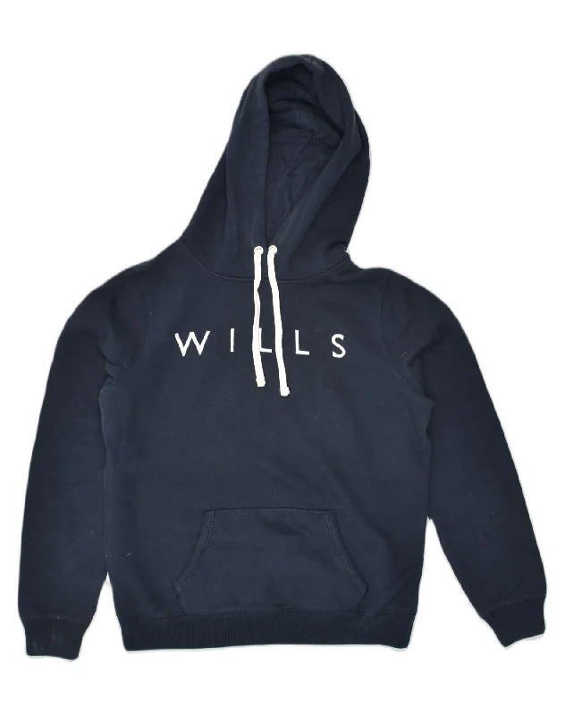 JACK WILLS Womens Graphic Hoodie Jumper UK 14 Large  Navy Blue Cotton Hoodie with Half-Zip Sporty Casual