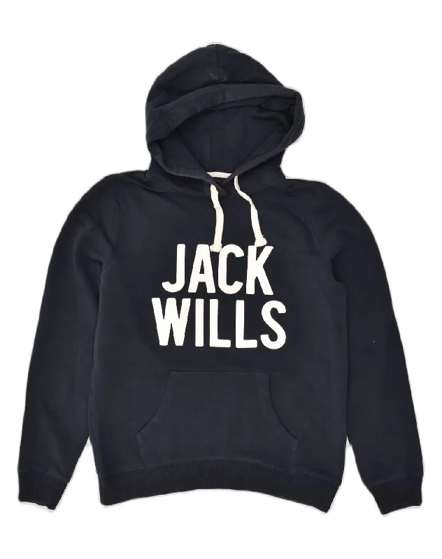 JACK WILLS Womens Graphic Hoodie Jumper UK 14 Large  Navy Blue Cotton Hoodie with Exposed Zipper Edgy Industrial