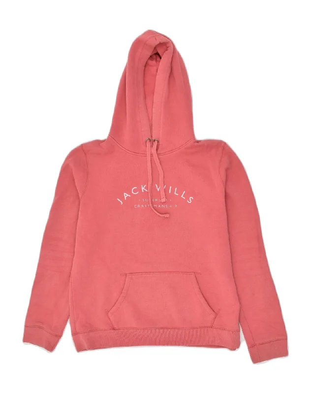 JACK WILLS Womens Graphic Hoodie Jumper UK 14 Large Red Cotton Hoodie with Mock Neck Collared Structured