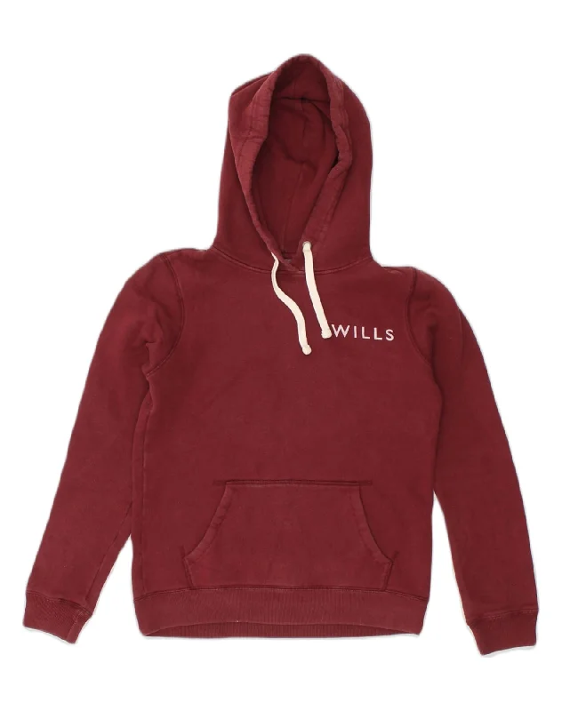 JACK WILLS Womens Graphic Hoodie Jumper UK 8 Small  Burgundy Cotton Hoodie with Slit Hem Functional Movement