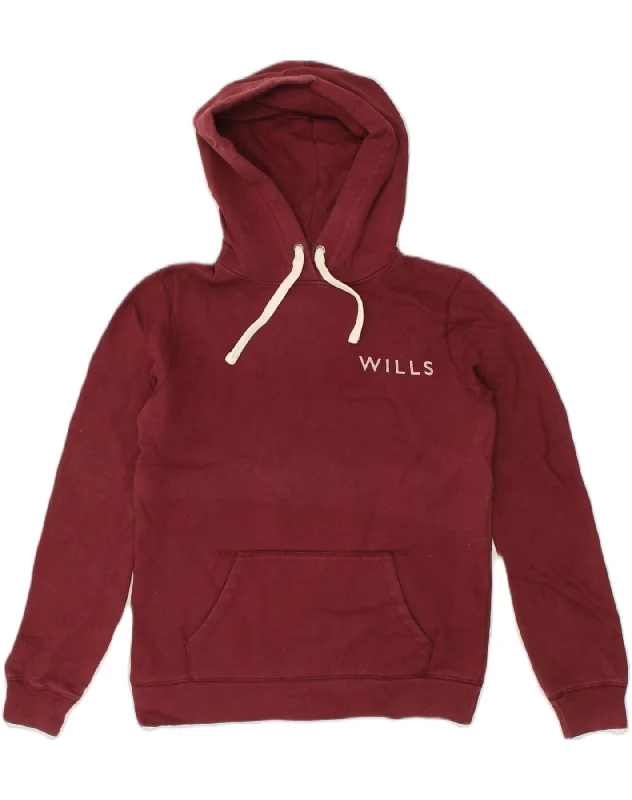 JACK WILLS Womens Graphic Hoodie Jumper UK 8 Small Burgundy Cotton Hoodie with Applique Textured Unique