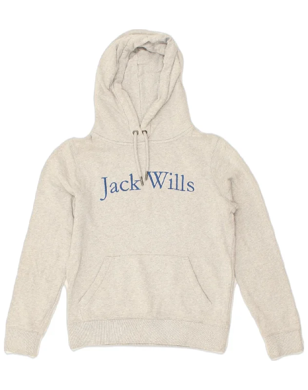 JACK WILLS Womens Graphic Hoodie Jumper UK 8 Small  Grey Cotton Hoodie with Double Zipper Versatile Adjustable