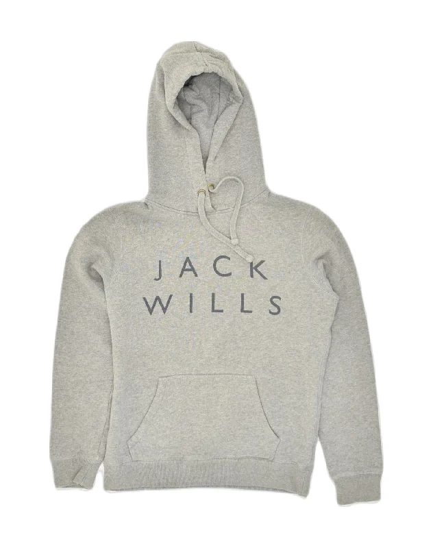 JACK WILLS Womens Graphic Hoodie Jumper UK 8 Small  Grey Cotton Hoodie with Raglan Sleeves Sporty Comfortable