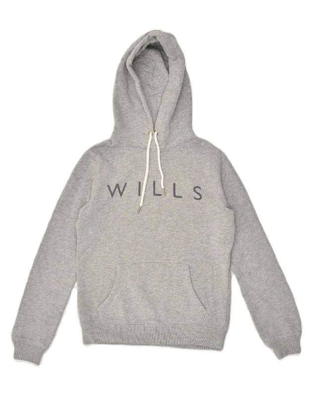 JACK WILLS Womens Graphic Hoodie Jumper UK 8 Small Grey Cotton Hoodie with Raglan Sleeves Sporty Comfortable