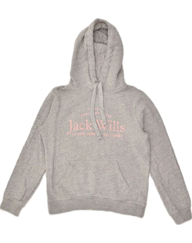 JACK WILLS Womens Graphic Hoodie Jumper UK 8 Small Grey Cotton Hoodie with Zipper Placket Modern Functional