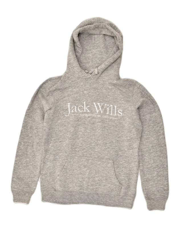 JACK WILLS Womens Graphic Hoodie Jumper UK 8 Small  Grey Cotton Hoodie with Frayed Bohemian Relaxed