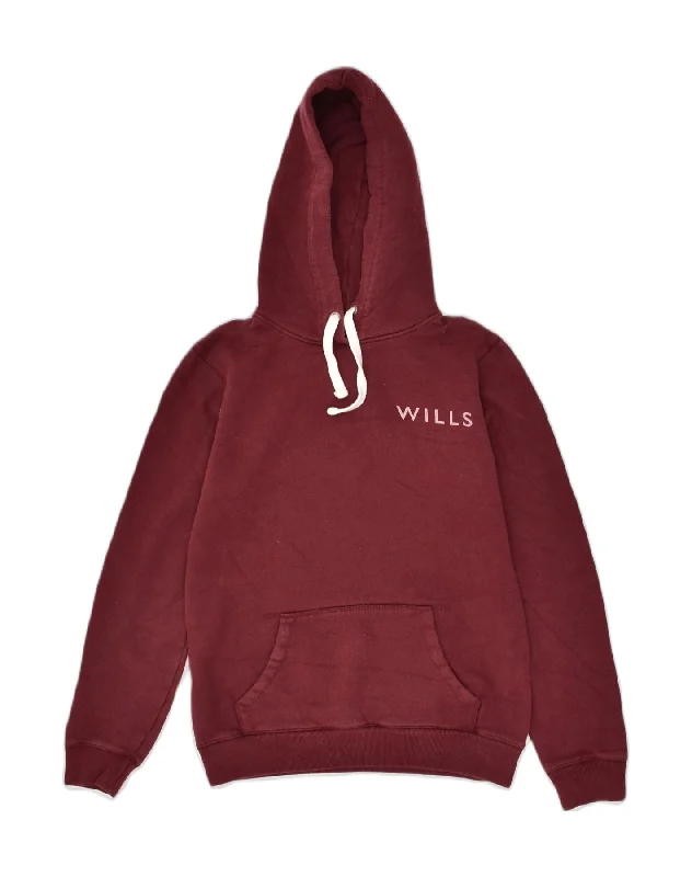 JACK WILLS Womens Graphic Hoodie Jumper UK 8 Small Maroon Cotton Hoodie with Hidden Zipper Minimalist Clean