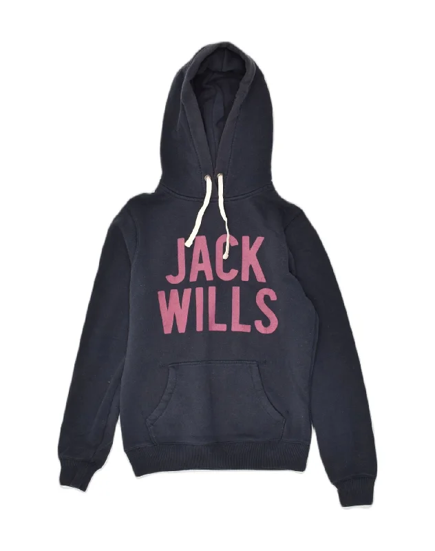 JACK WILLS Womens Graphic Hoodie Jumper UK 8 Small Navy Blue Cotton Hoodie with Contrast Stitching Detailed Premium