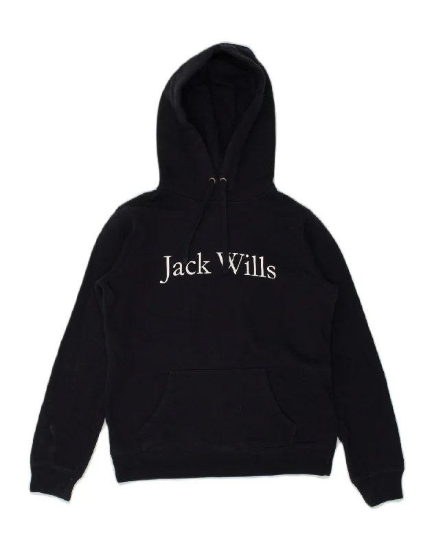 JACK WILLS Womens Graphic Hoodie Jumper UK 8 Small Navy Blue Cotton Hoodie with Stripes Bold Sporty