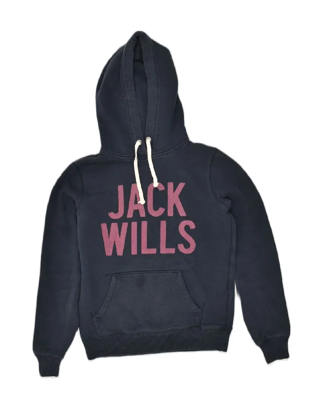 JACK WILLS Womens Graphic Hoodie Jumper UK 8 Small Navy Blue Cotton Hoodie with Tie-Dye Psychedelic Retro