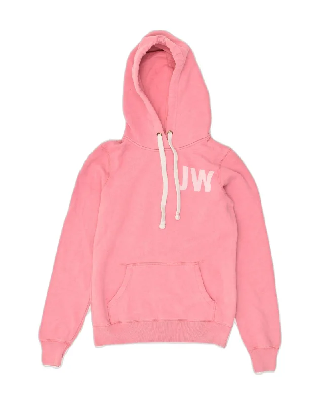 JACK WILLS Womens Graphic Hoodie Jumper UK 8 Small Pink Cotton Hoodie with Button Classic Timeless